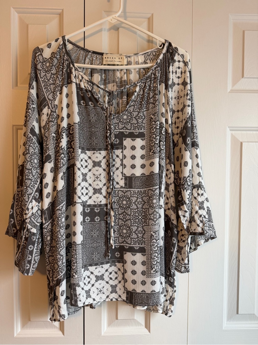Relaxed Black & White Patchwork Tunic with Tassel Tie